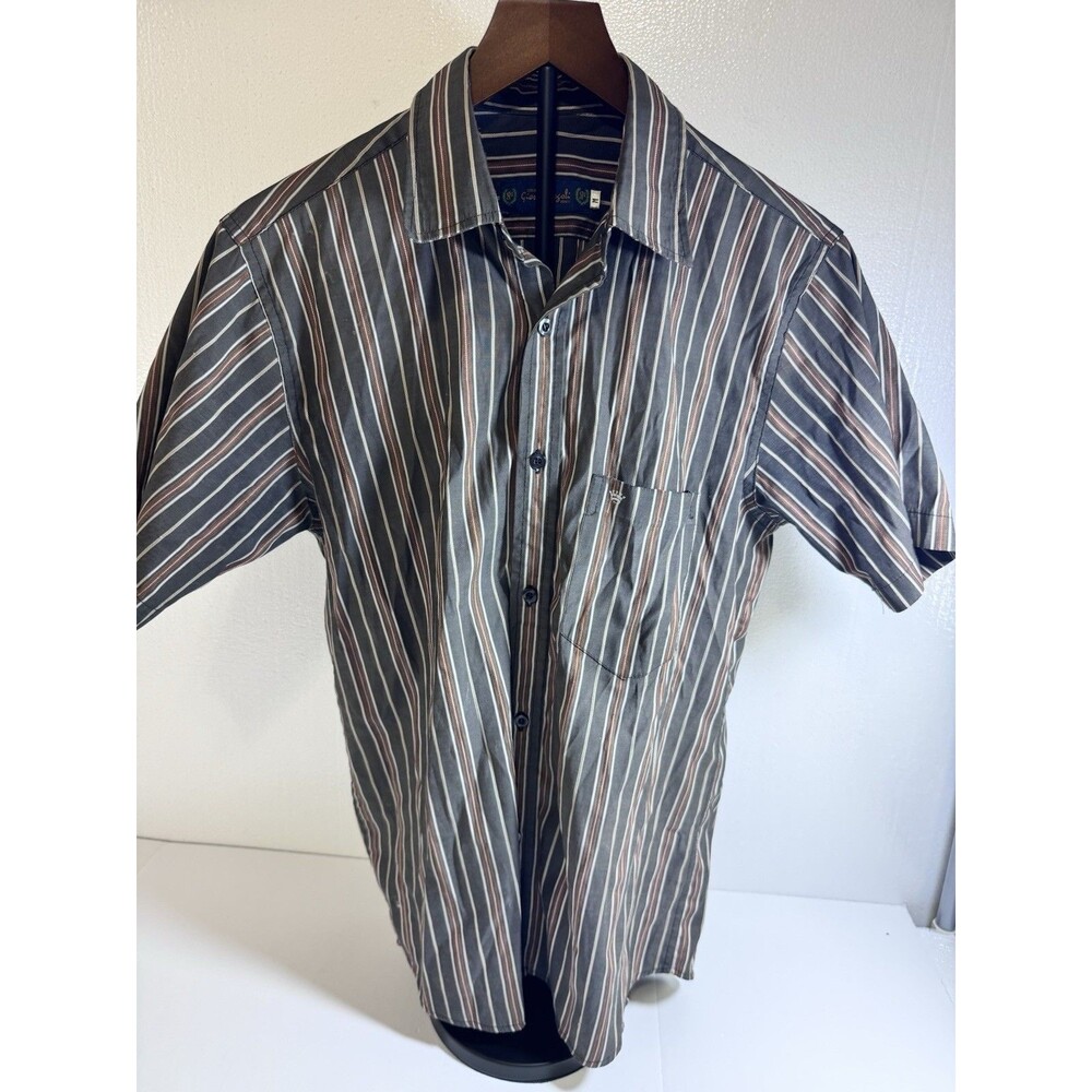 Giovanni Fregioli Men's Button Up Shirt Medium Gray Striped Short Sleeve Italy
